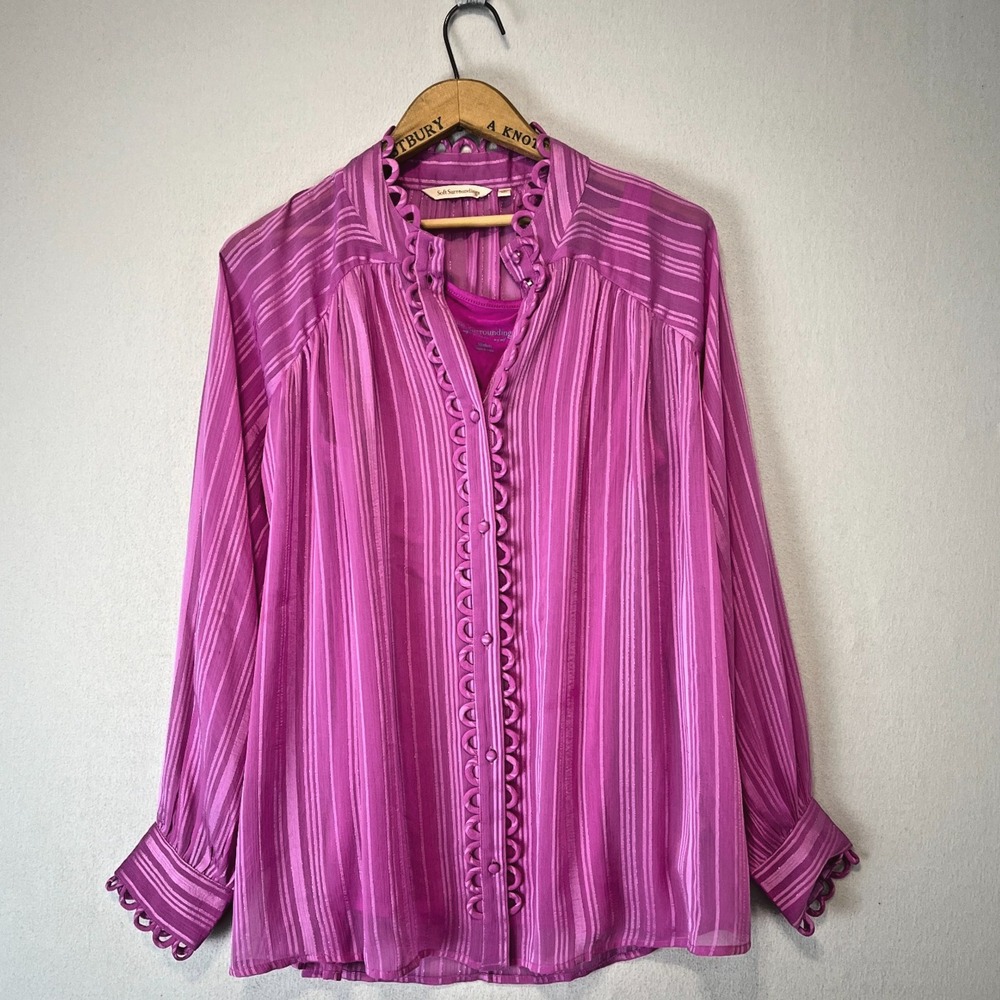 Soft Surroundings Loop Trim Silky‎ Button up Blouse Magenta Size M Layered Tank